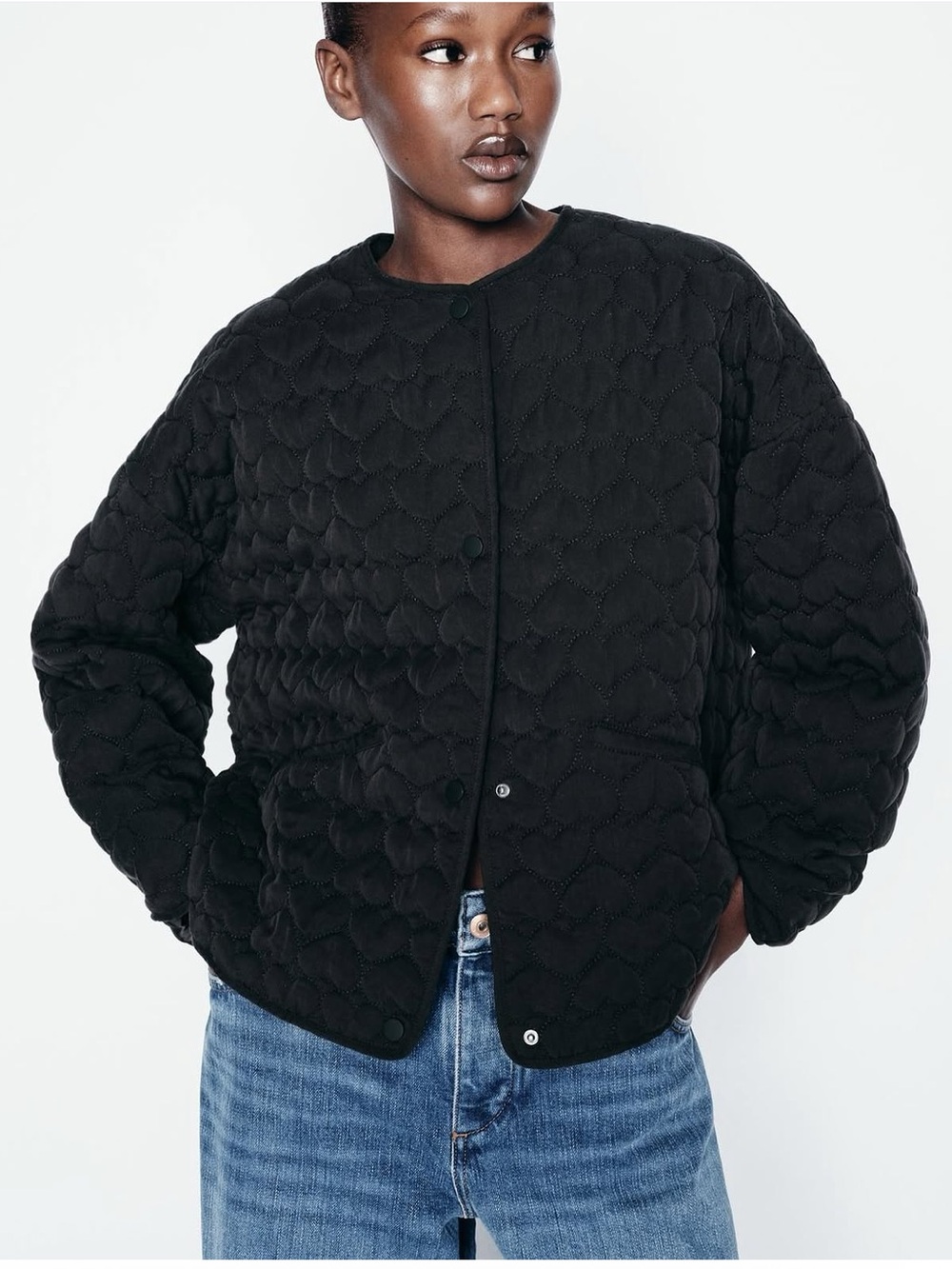 Zara Black Quilted Heart-Pattern Puffer Jacket